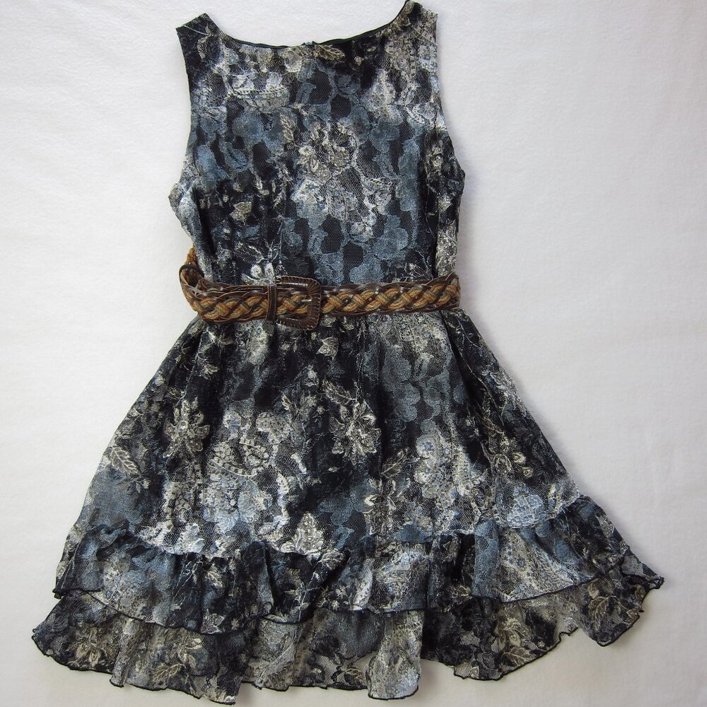 La Class  Knee A-Line Dress Lace Sleeveless Boat Neck w/Belt Made USA Size L